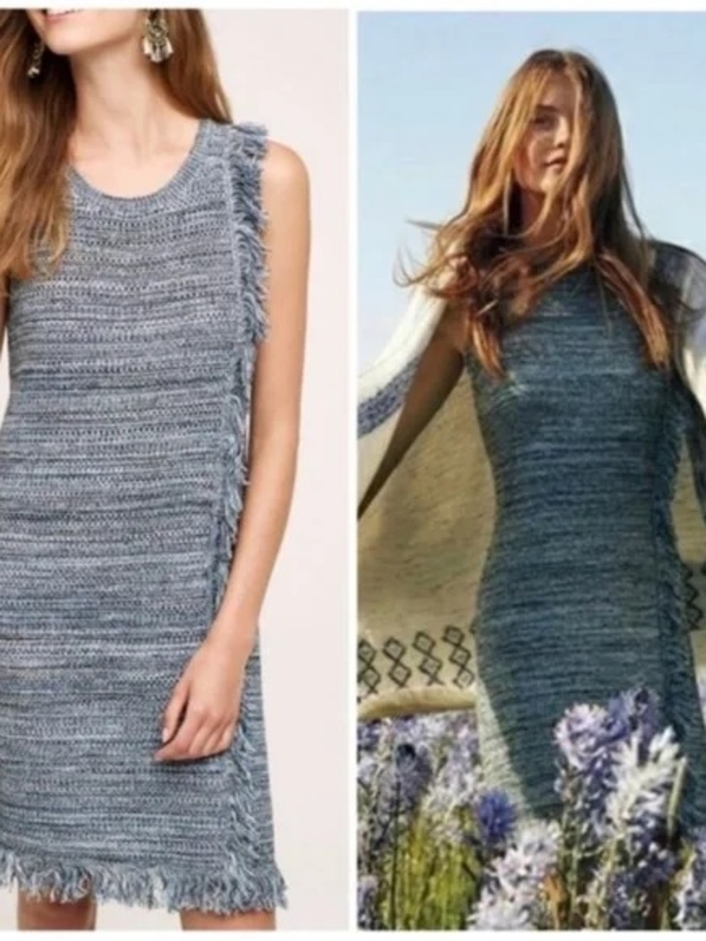 Anthropologie HOLDING HORSES Textured Blue Fringed Mini Dress Maternity Wear.